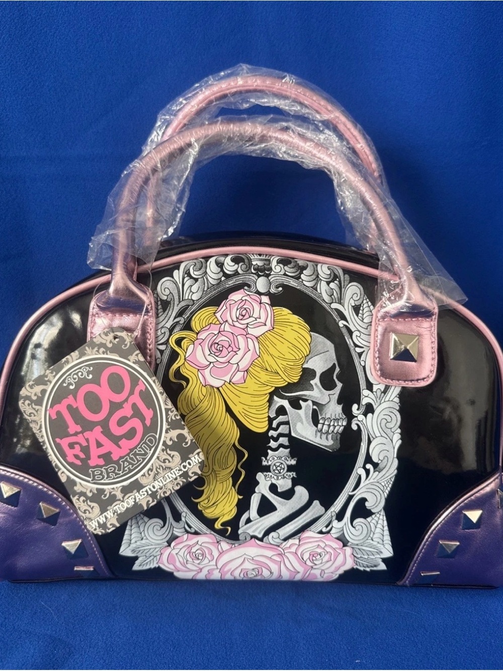 Too Fast Dawn of the Dead Skeleton Gothic Bowler Bag Purse Rockabilly Alt NWT!